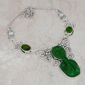 New Peridot, Rainbow Moonstone Carved Green Praying Goddess 925 Silver Necklace.